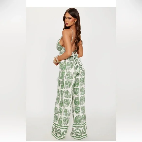 Meet Me On The Beach Linen Jumpsuit - Olive/ combo - Picture 3 of 3